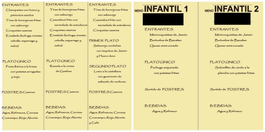 ejemplo de menú para adultos y menú para niños en el mismo restaurante